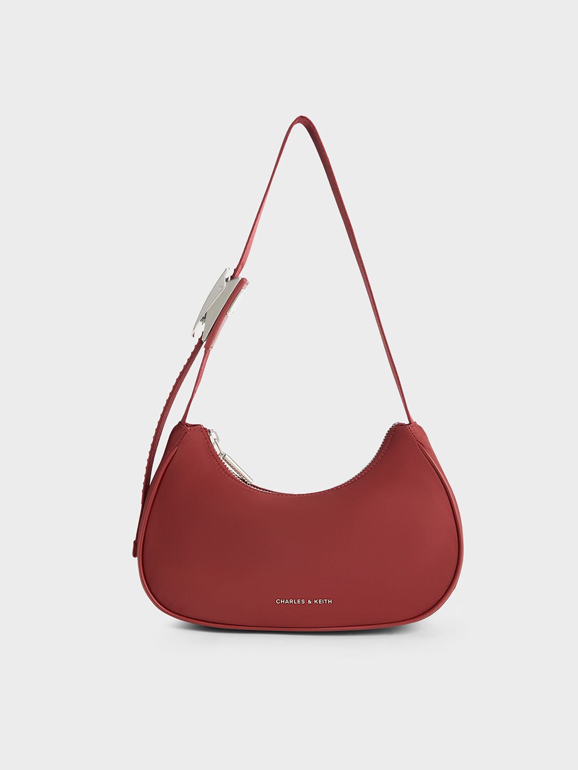 Nylon Curved Metallic-Accent Shoulder Bag, Red, hi-res