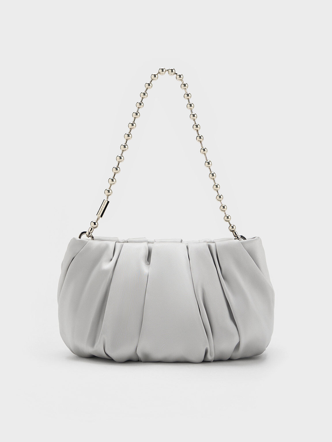 Silver Satin Ruched Bead-Handle Bag - CHARLES & KEITH CO