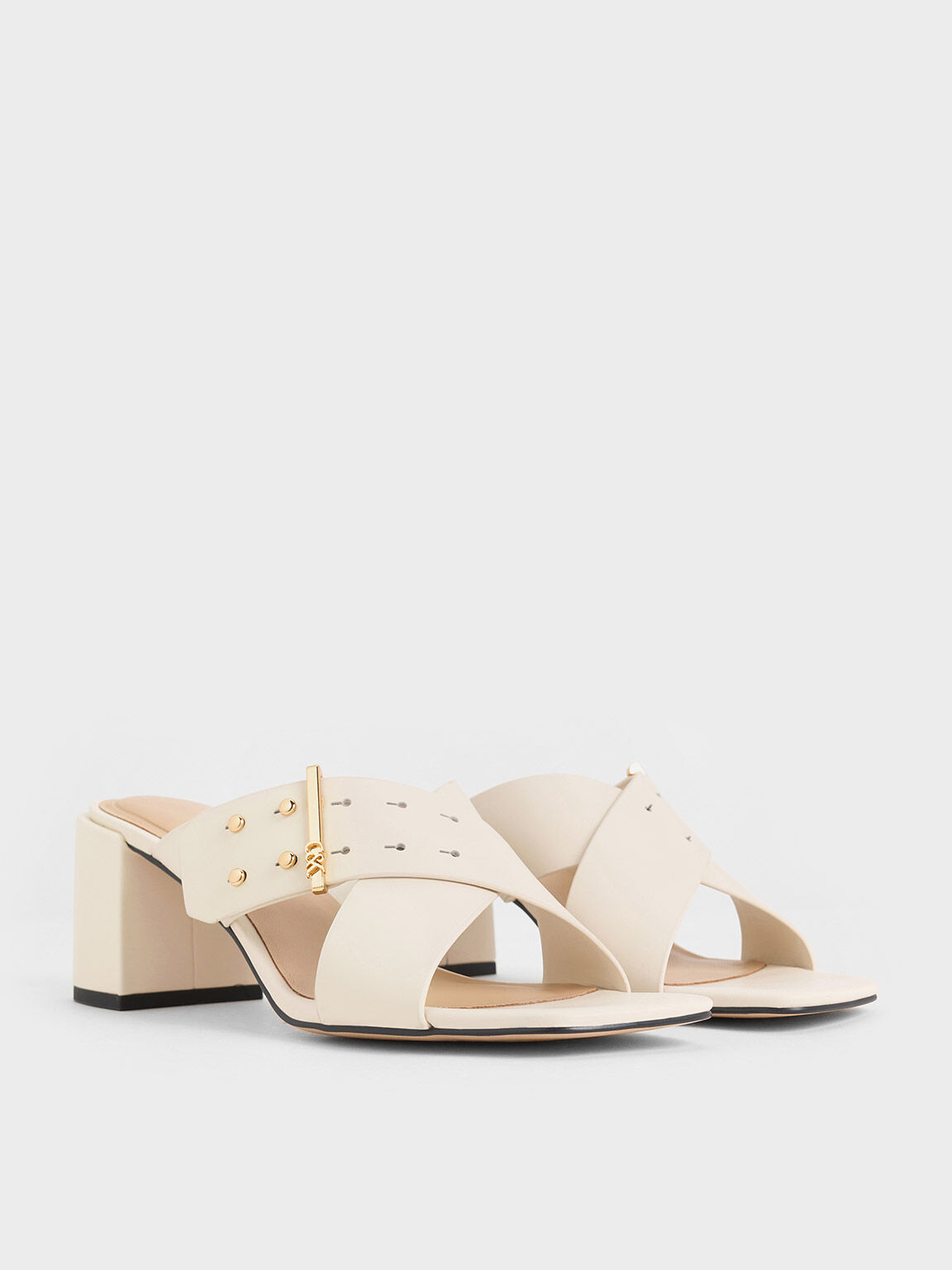 Leather Crossover Block Heel Mules, White, hi-res