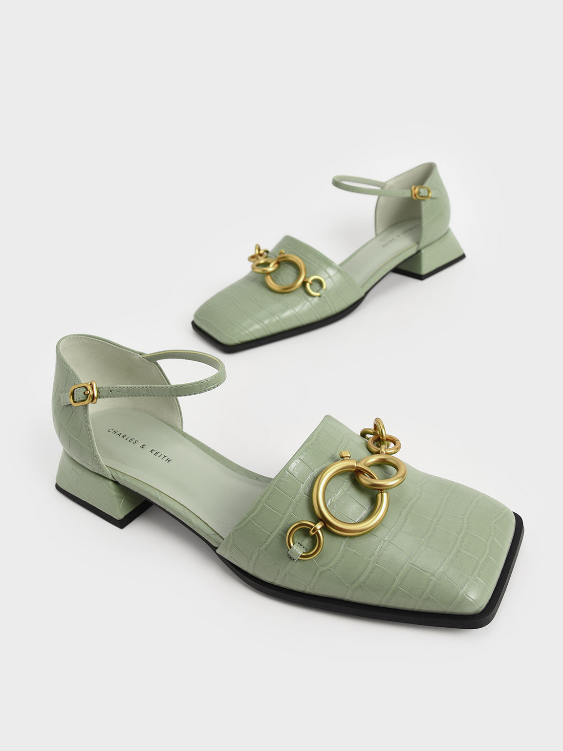 Green Croc-Effect Chain-Link Square-Toe Pumps - CHARLES & KEITH 