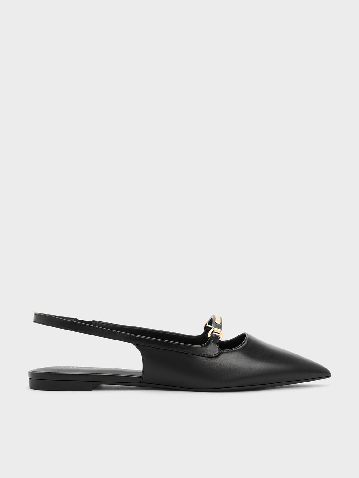 Black Metallic Bar Accent Slingback Flats - CHARLES & KEITH SG