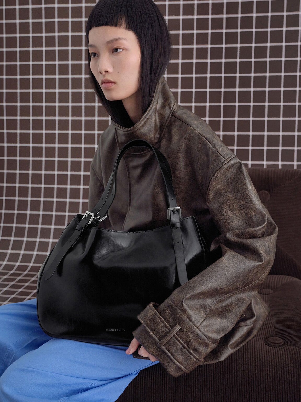 Buckle-Strap Slouchy Tote Bag, Noir, hi-res