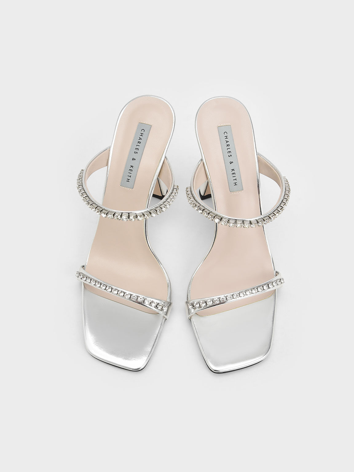 Metallic Gem-Encrusted Heeled Sandals - Silver