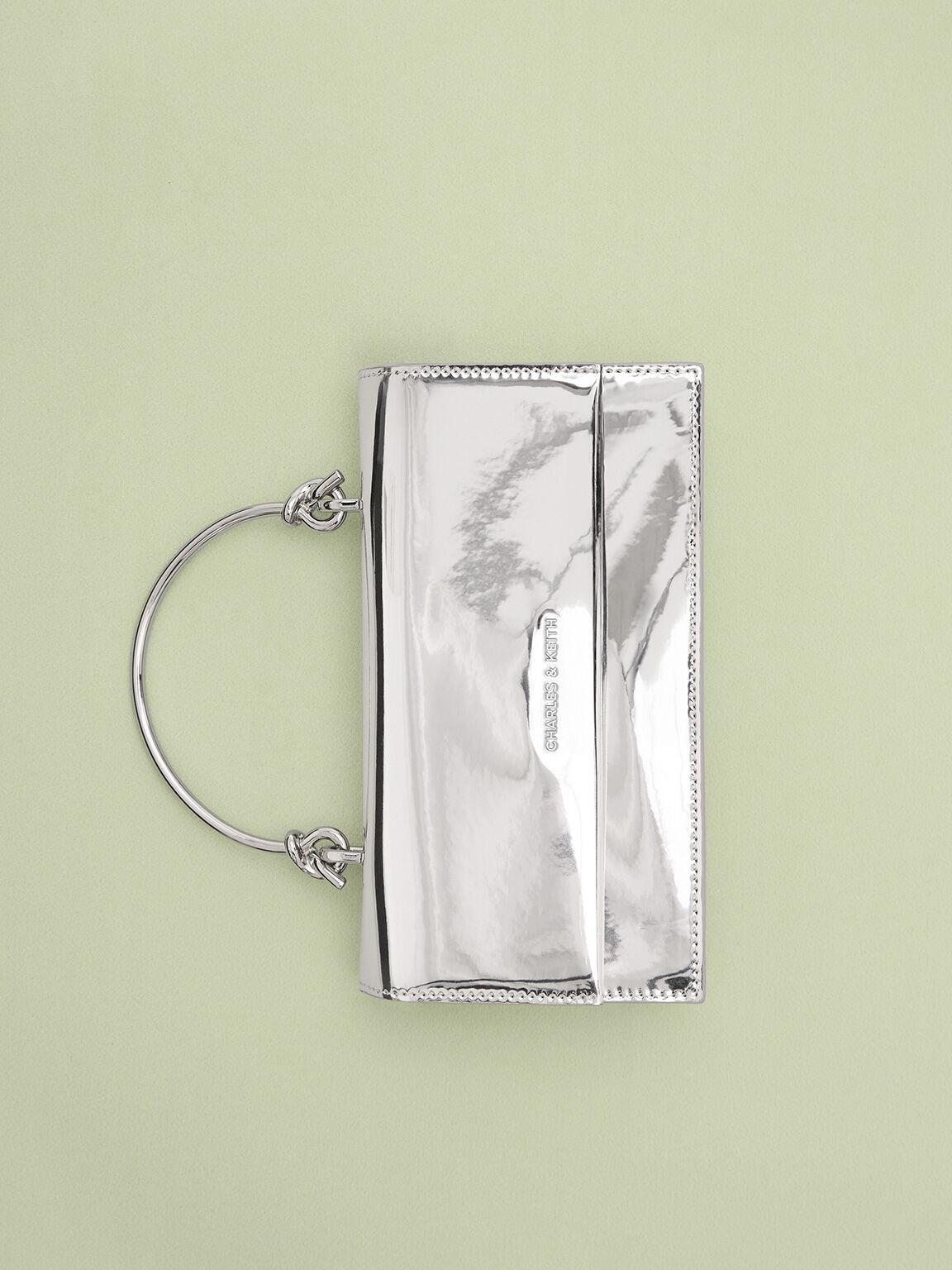 Metallic Sculptural-Handle Long Wallet, Silver, hi-res