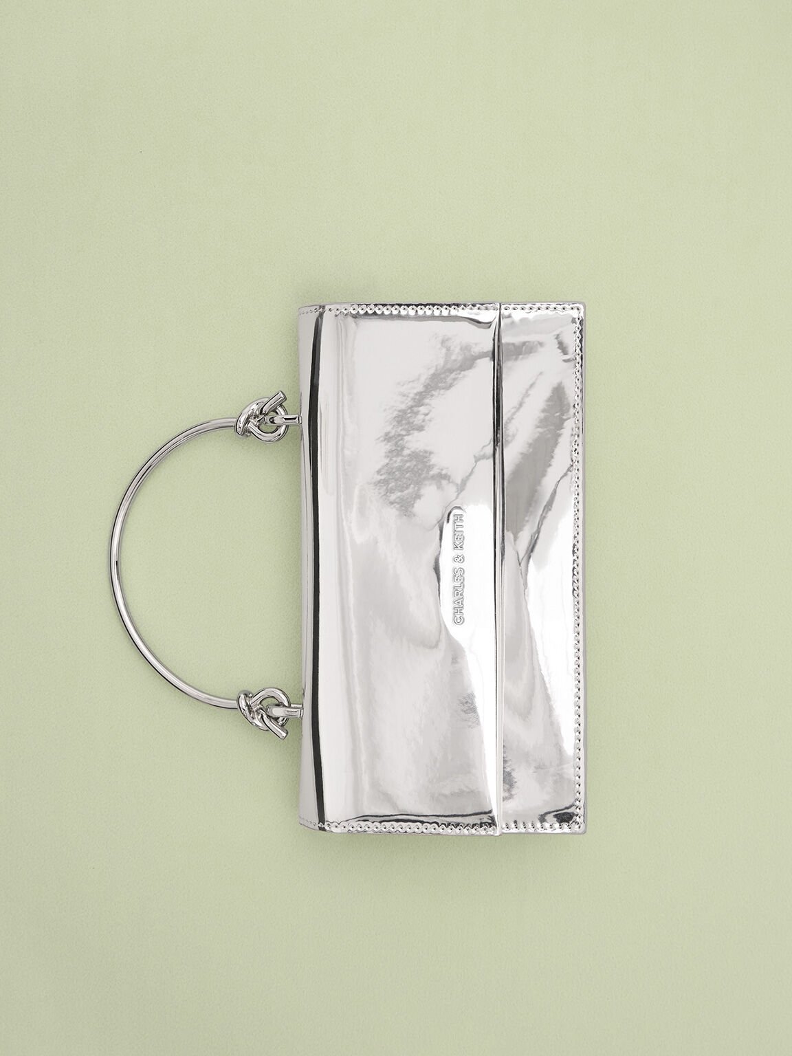 Metallic Sculptural-Handle Long Wallet, Silver, hi-res