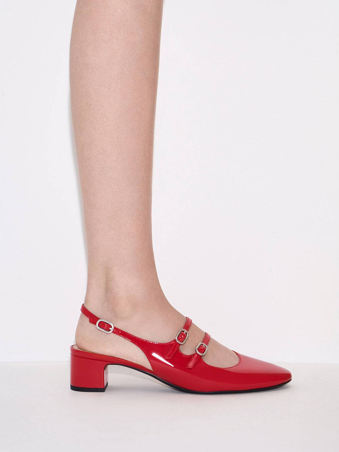 Double-Strap Slingback Mary Jane Pumps, Red, hi-res