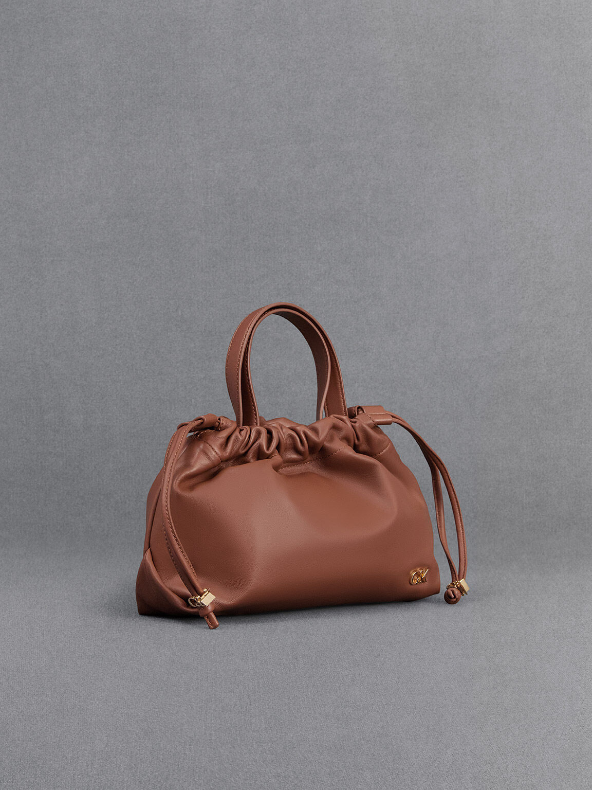 Leather Ruched Drawstring Bag, Cognac, hi-res