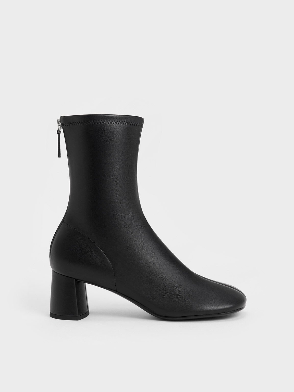 Round-Toe Zip-Up Ankle Boots - Black