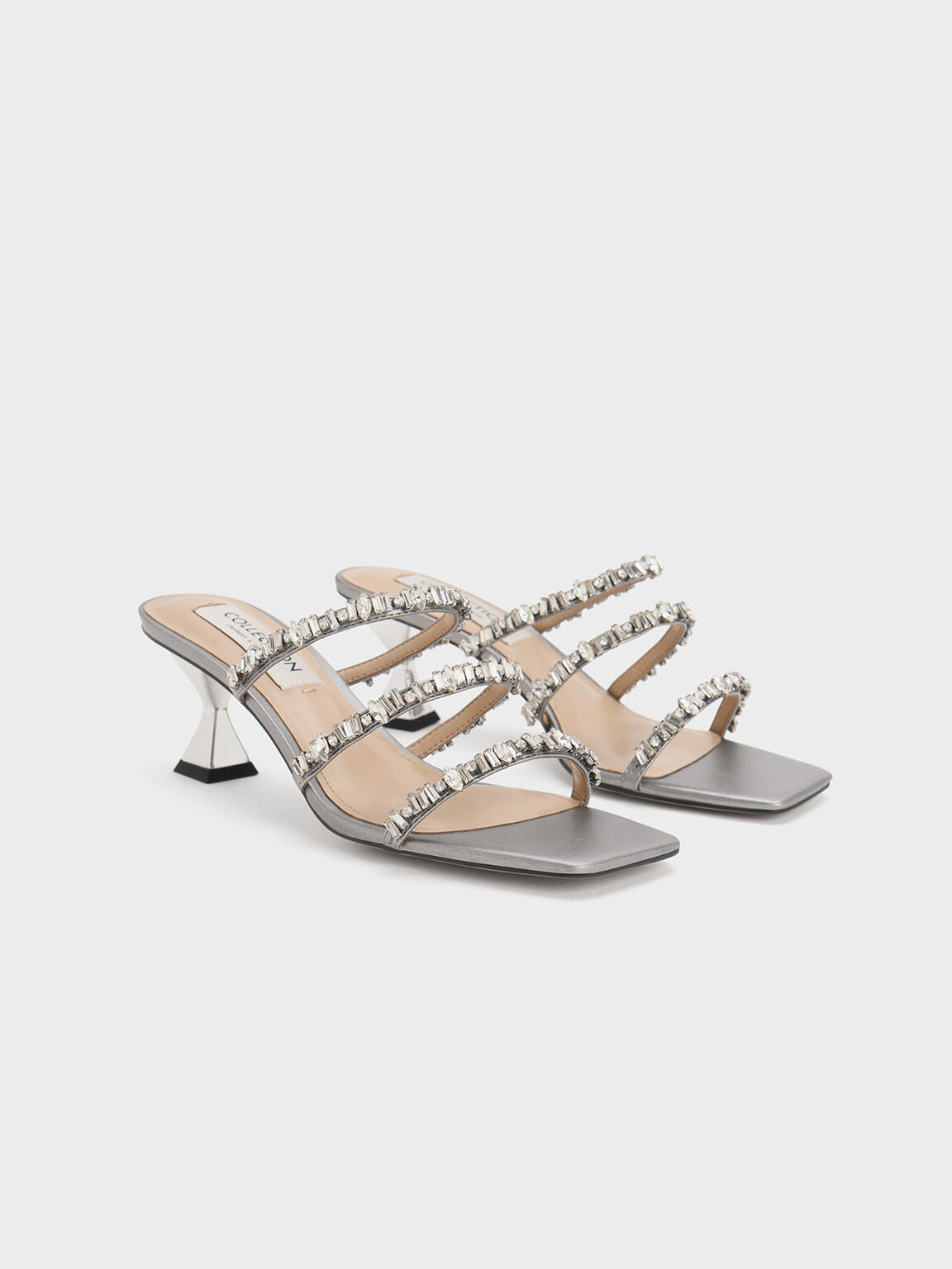 Gem-Encrusted Metallic Strappy Sandals, Silver, hi-res