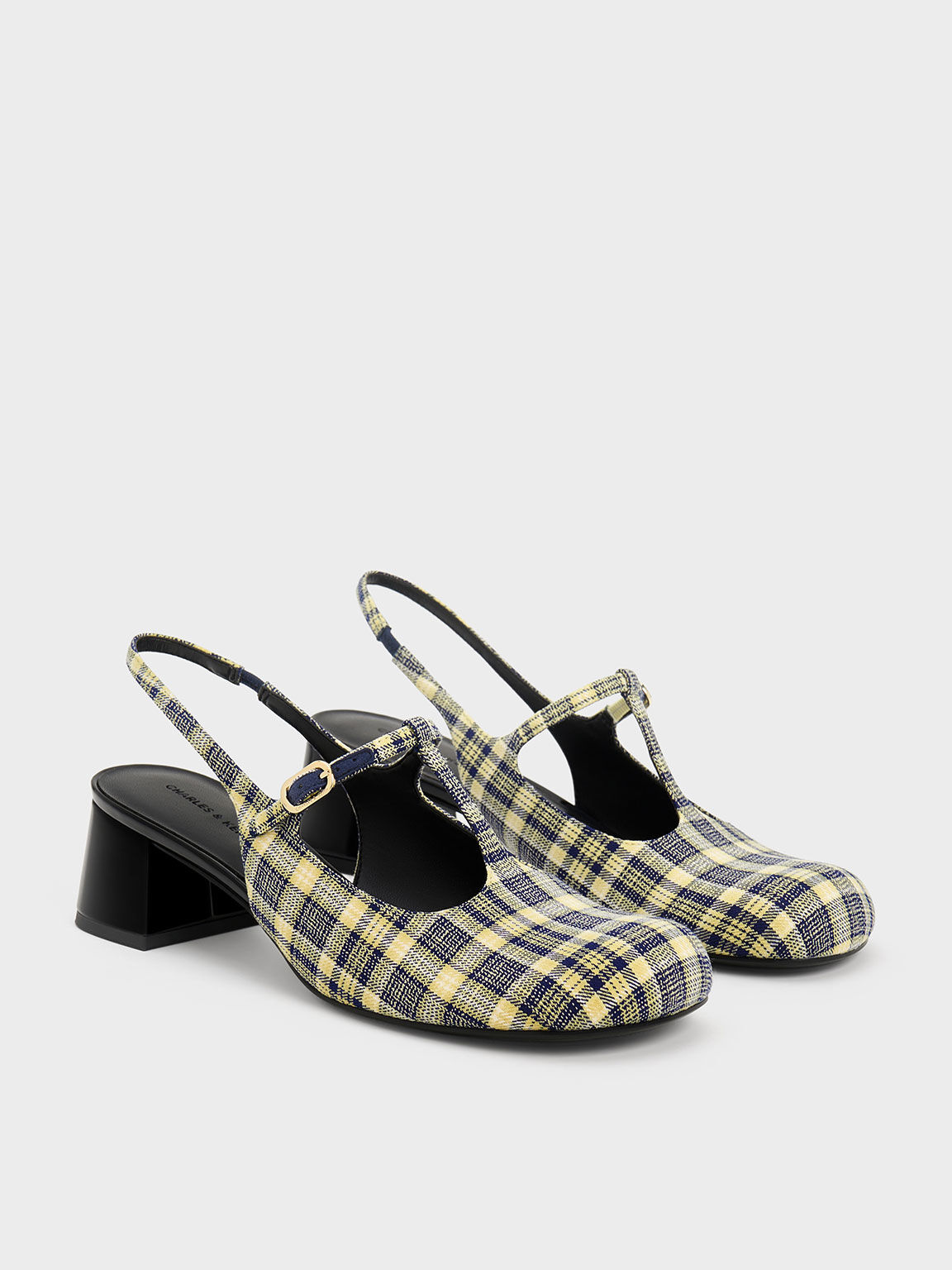 Checkered T-Bar Slingback Mary Jane Pumps, Yellow, hi-res