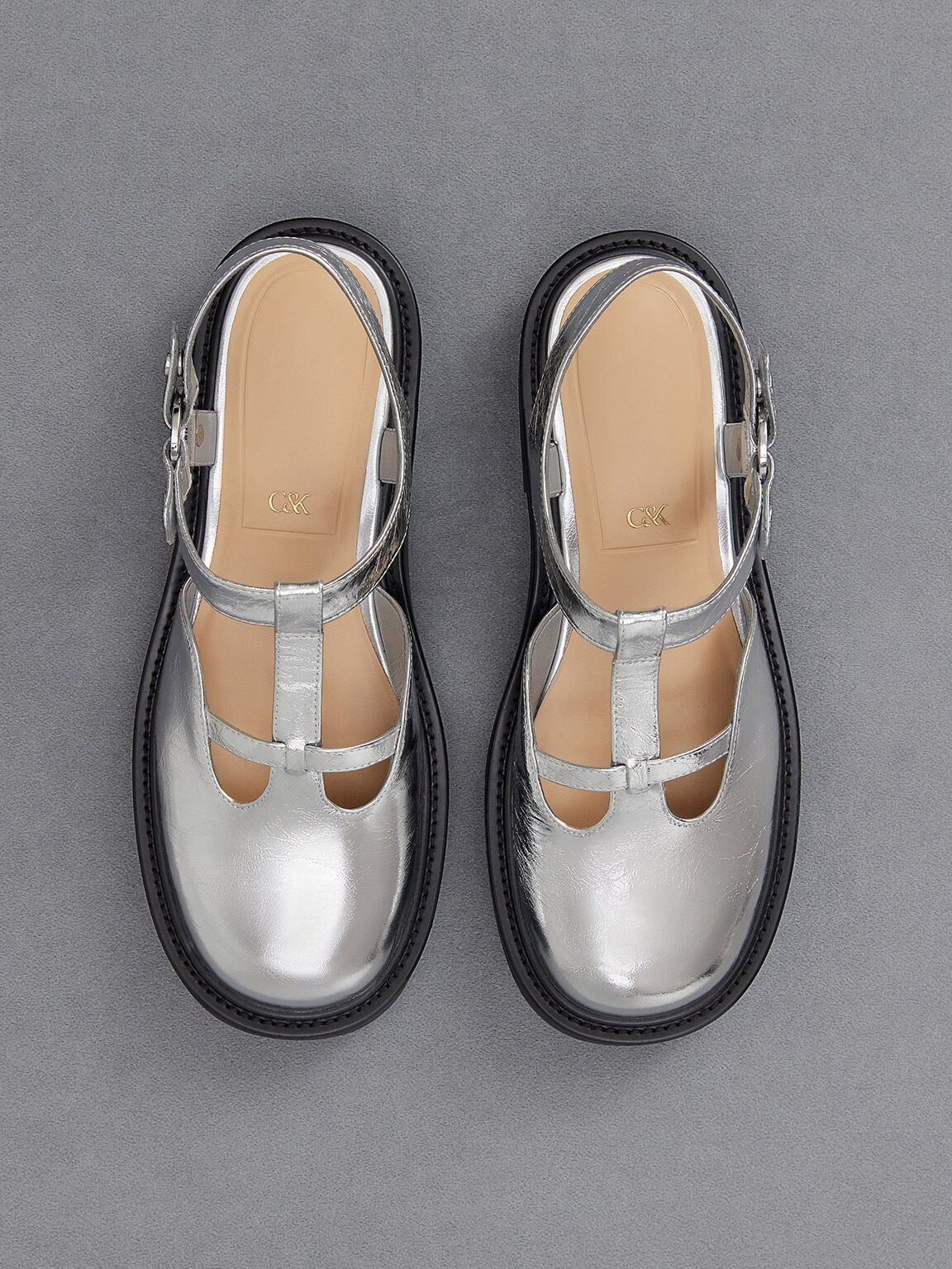 Metallic Leather Cut-Out T-Bar Mary Jane Flats