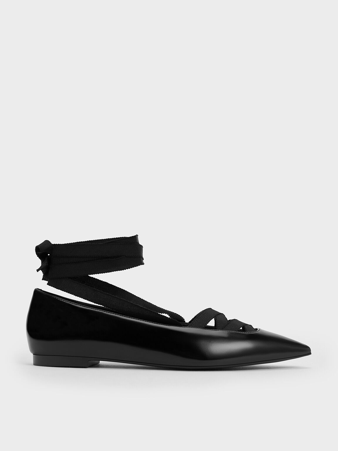 Pointed-Toe Tie-Around Ballet Flats, Black Box, hi-res