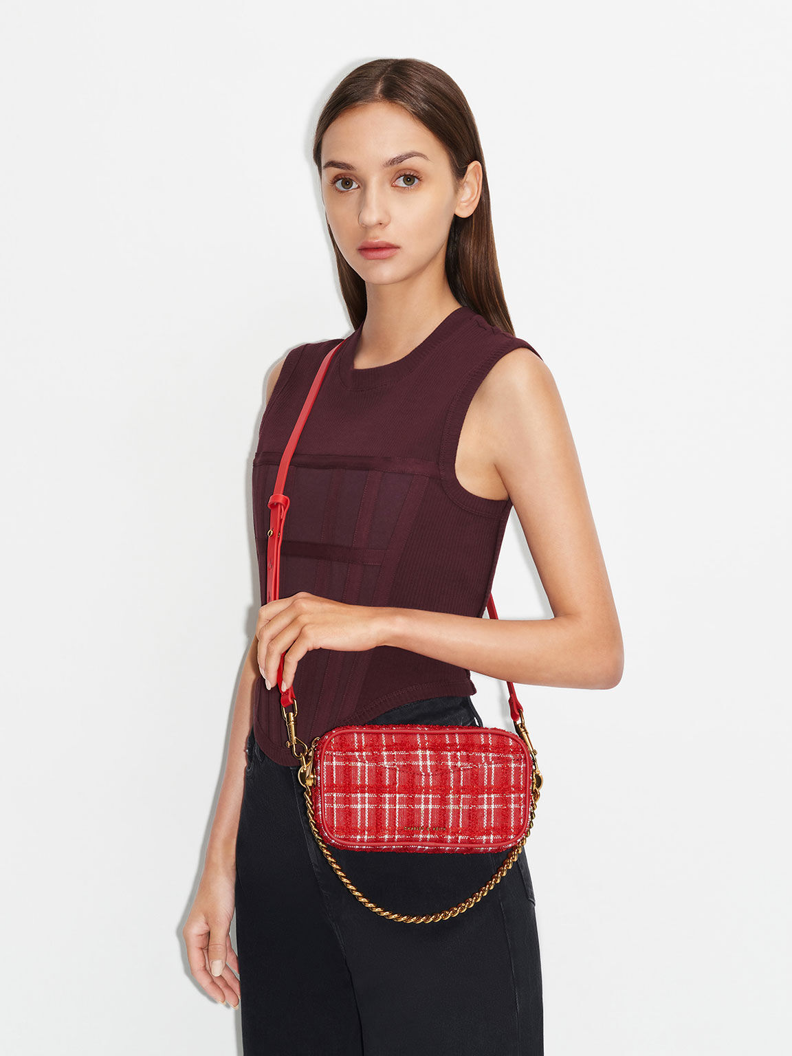 Red Cayce Tweed Boxy Crossbody Bag - CHARLES & KEITH US