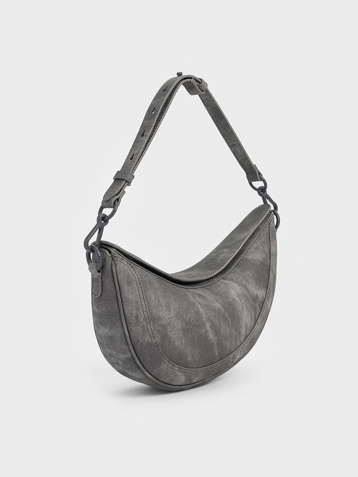 Denim Asymmetrical Saddle Bag, Dark Grey, hi-res