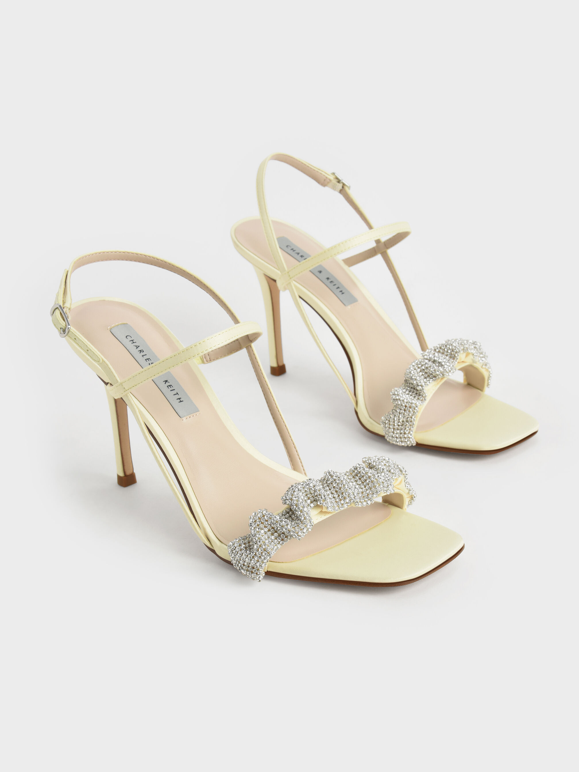 Yellow Gem-Embellished Satin Stiletto Sandals - CHARLES & KEITH TW