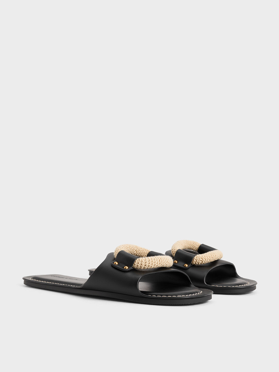 Raffia Ring Slide Sandals, Black, hi-res