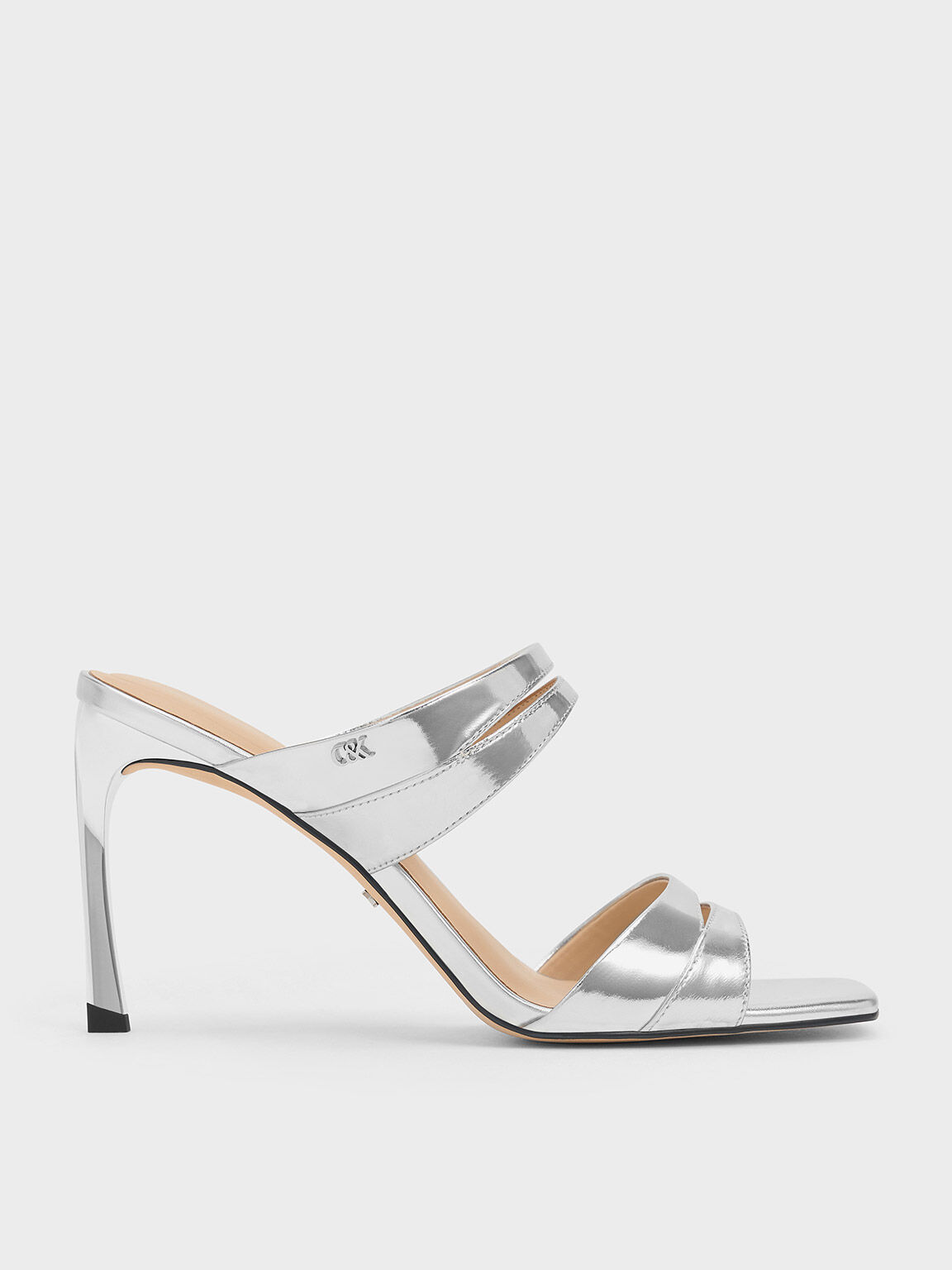 Metallic Leather Double-Strap Heeled Mules, Silver, hi-res