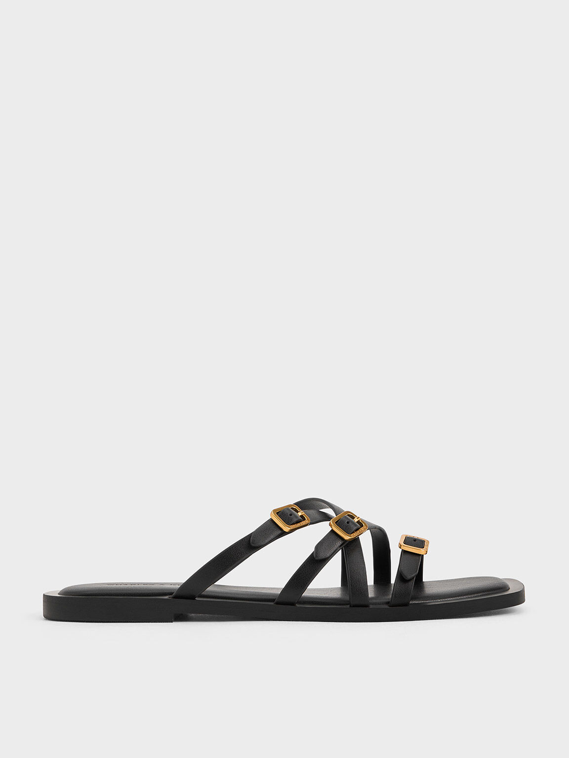 Strappy Buckled Slide Sandals, Black, hi-res