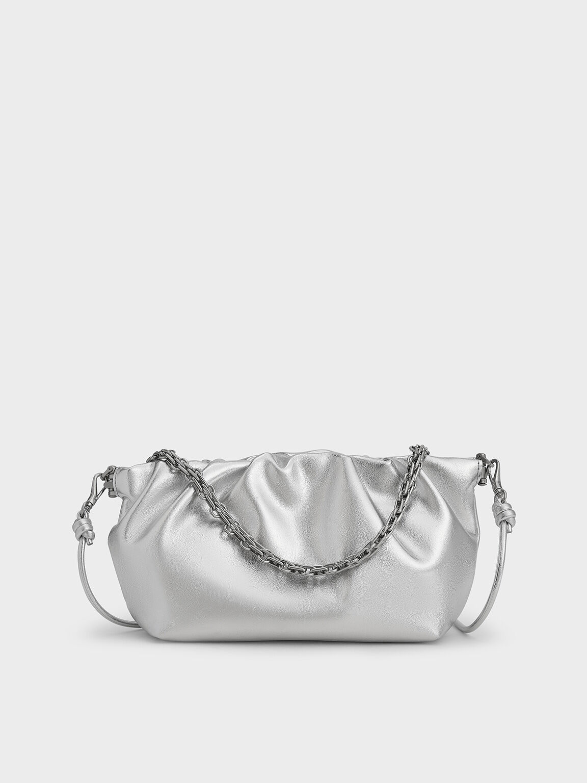 Brigette Metallic Ruched Chain-Handle Clutch, Silver, hi-res