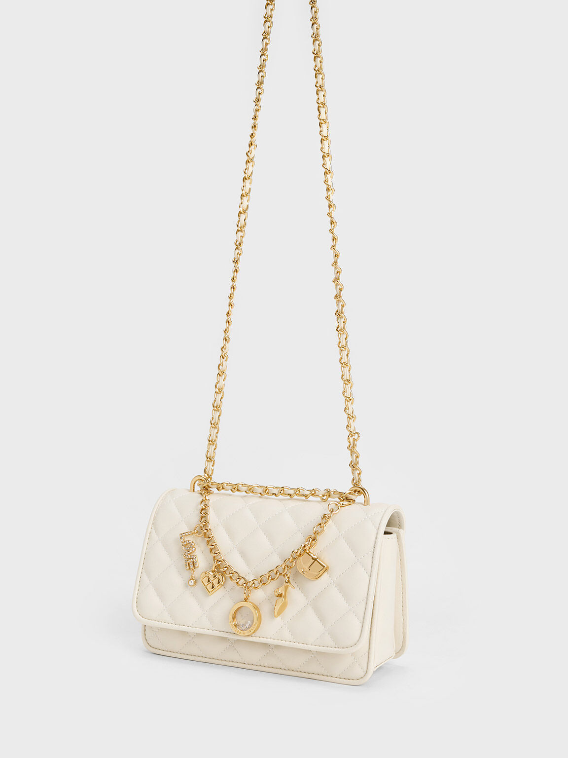 Charm-Embellished Quilted Clutch, Cream, hi-res