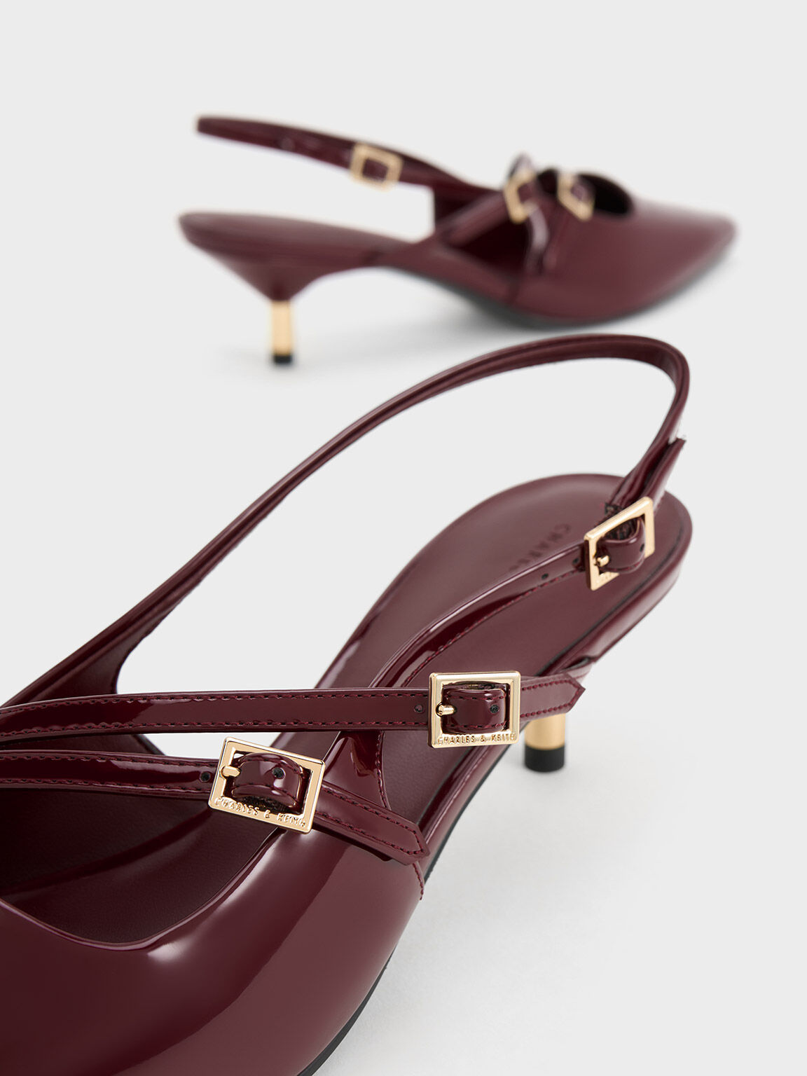 Patent Buckle-Strap Kitten Heel Slingback Pumps, Maroon, hi-res