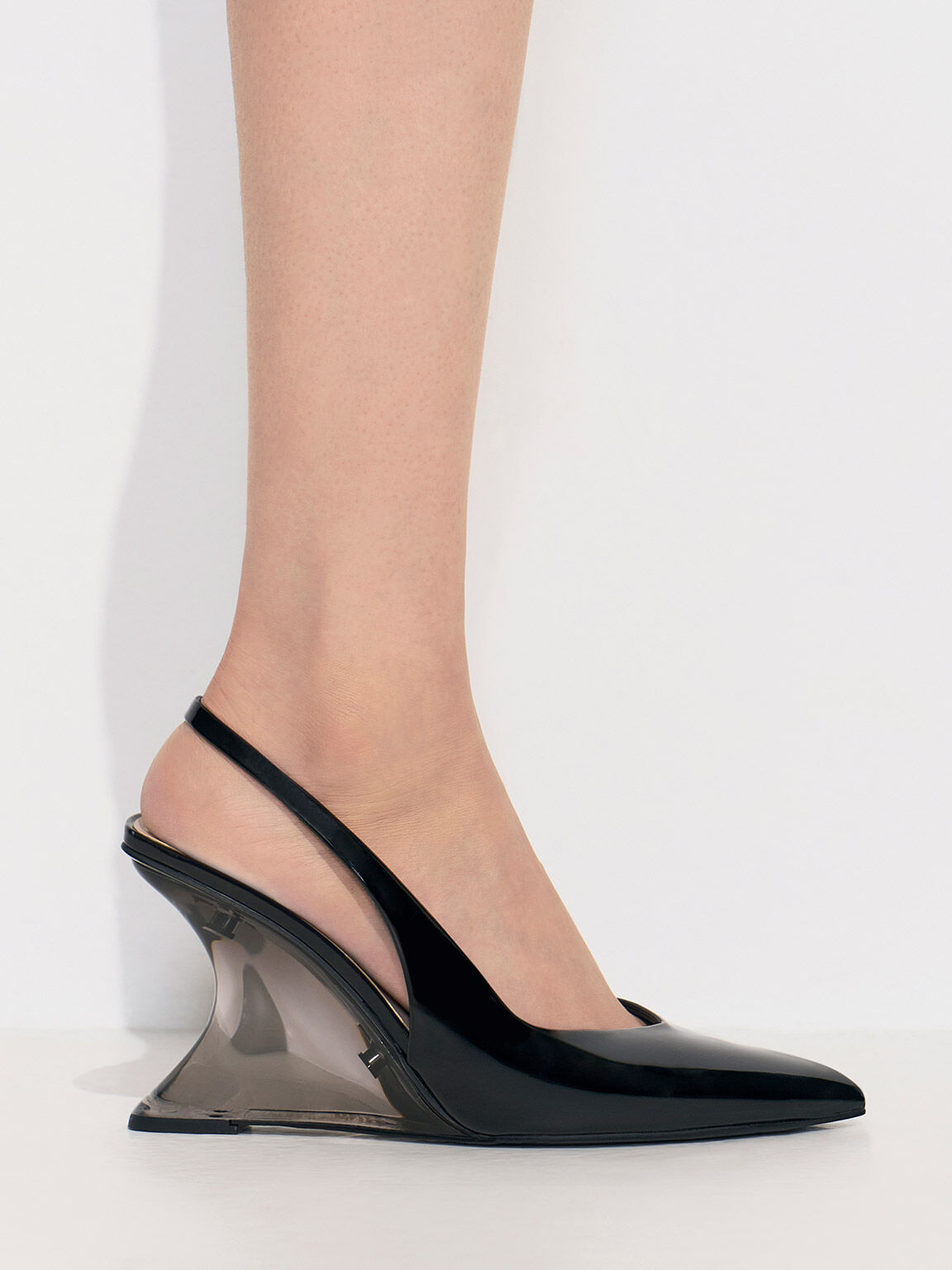 Patent Sculptural Slingback Wedges - Black Patent