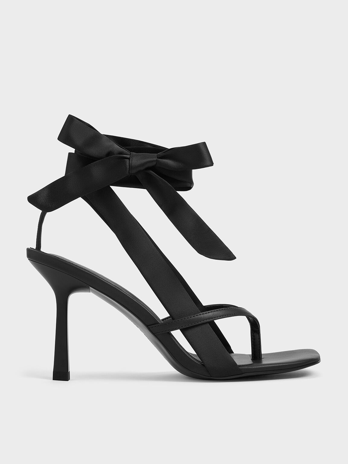 Recycled Polyester Tie-Around Heeled Thong Sandals, Black, hi-res