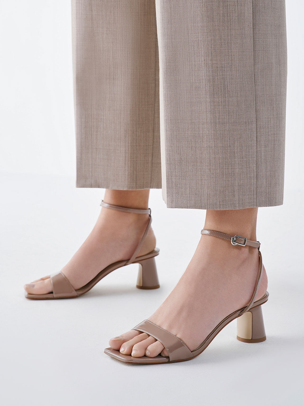 Patent Ankle-Strap Cylindrical Heel Sandals, Nude, hi-res