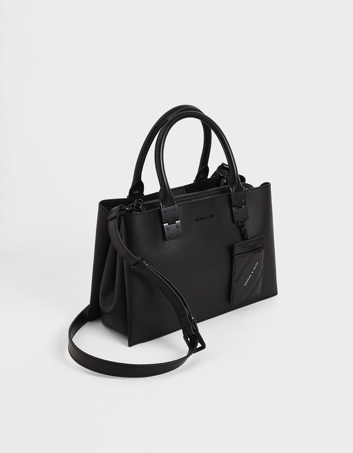 Double Top Handle Structured Bag, Ultra-Matte Black, hi-res