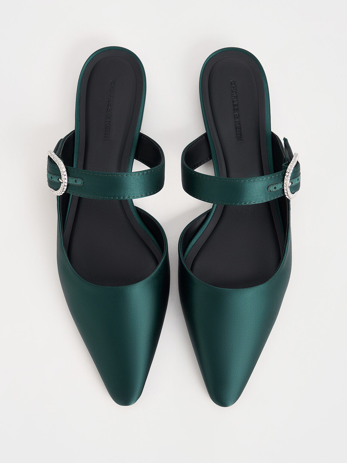 Recycled Polyester Crystal-Buckle Pointed-Toe Mules, Dark Green, hi-res