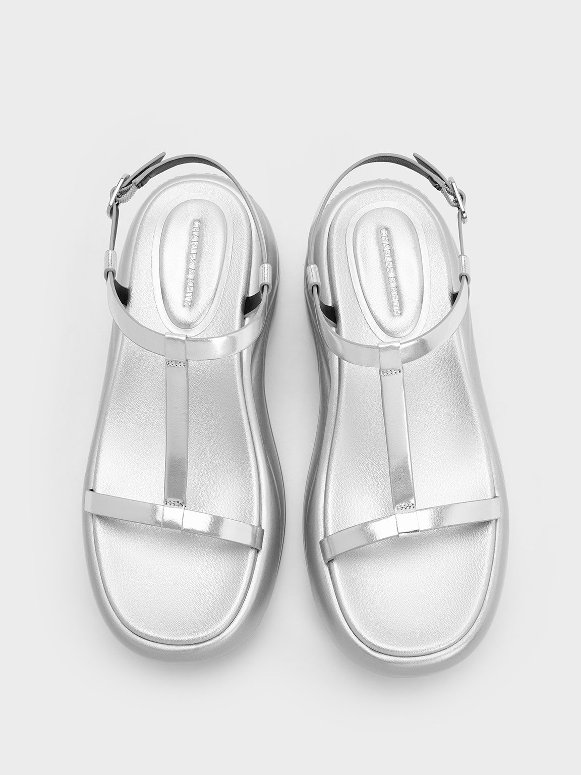 Metallic T-Bar Curved Platform Sports Sandals, Silver, hi-res