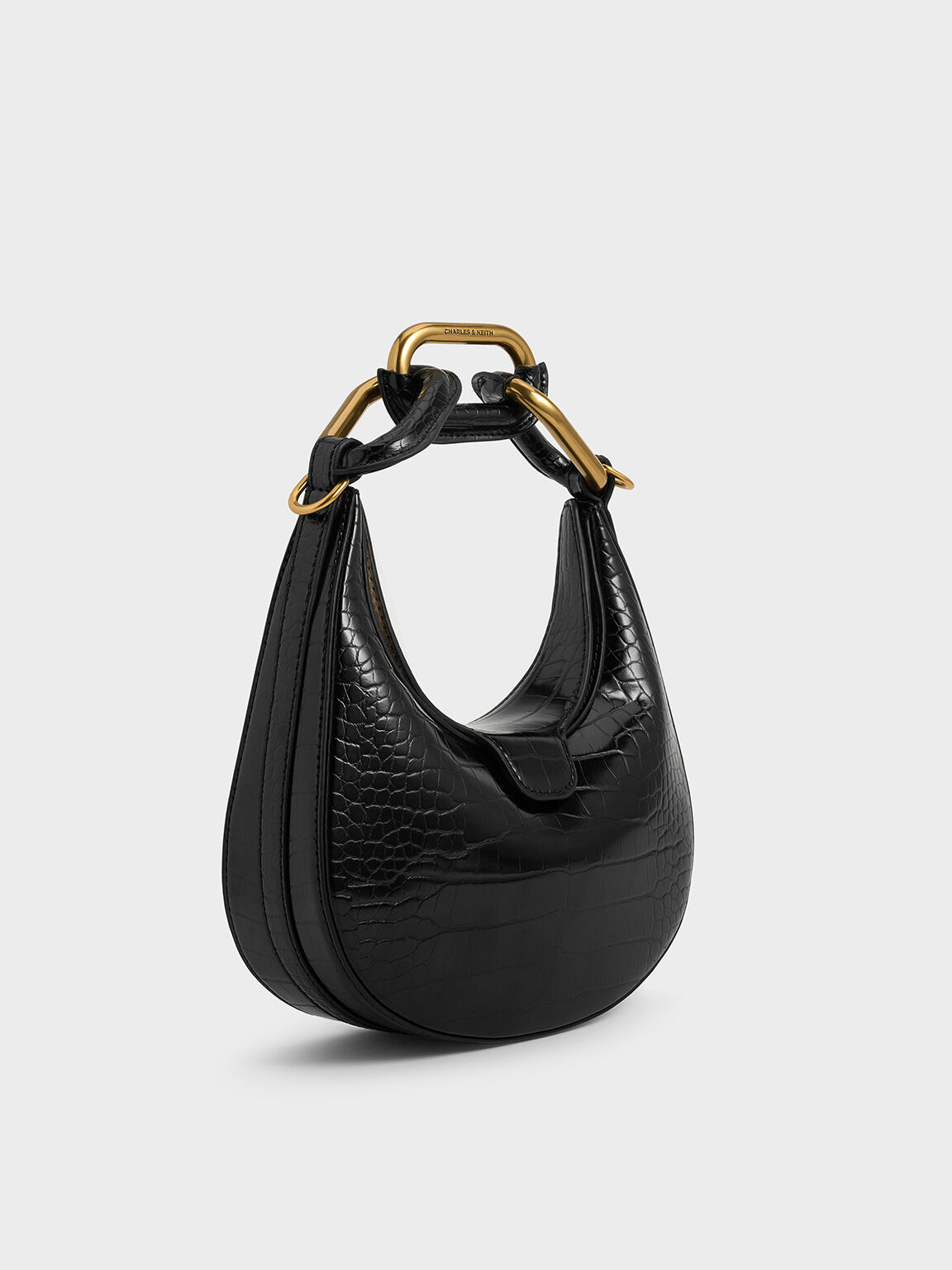 Mini Kora Croc-Effect Chain-Link Moon Bag, Black, hi-res