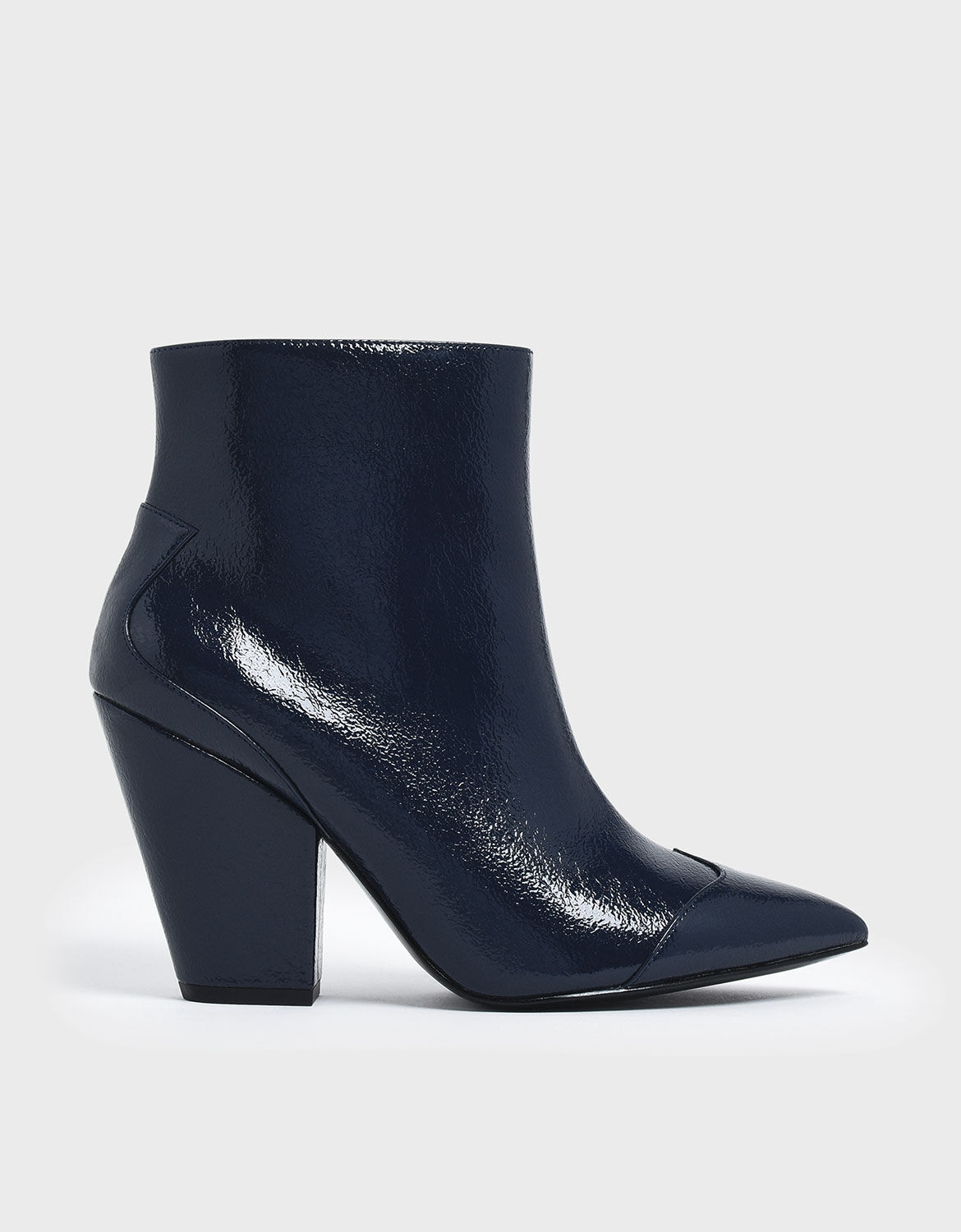 Blue Wrinkled Patent Zip-Up Chunky Heel 