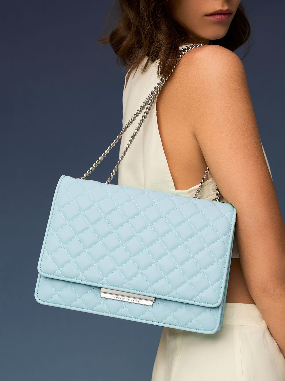 Blue Quilted Chain Bag