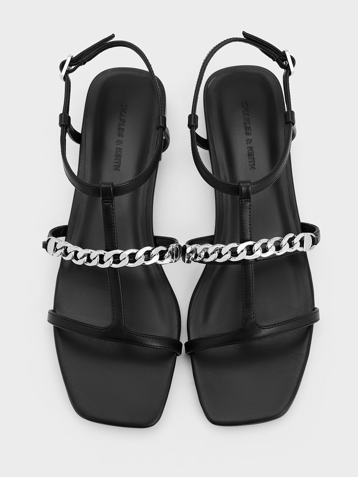 T-Bar Chain-Link Sandals, Black, hi-res