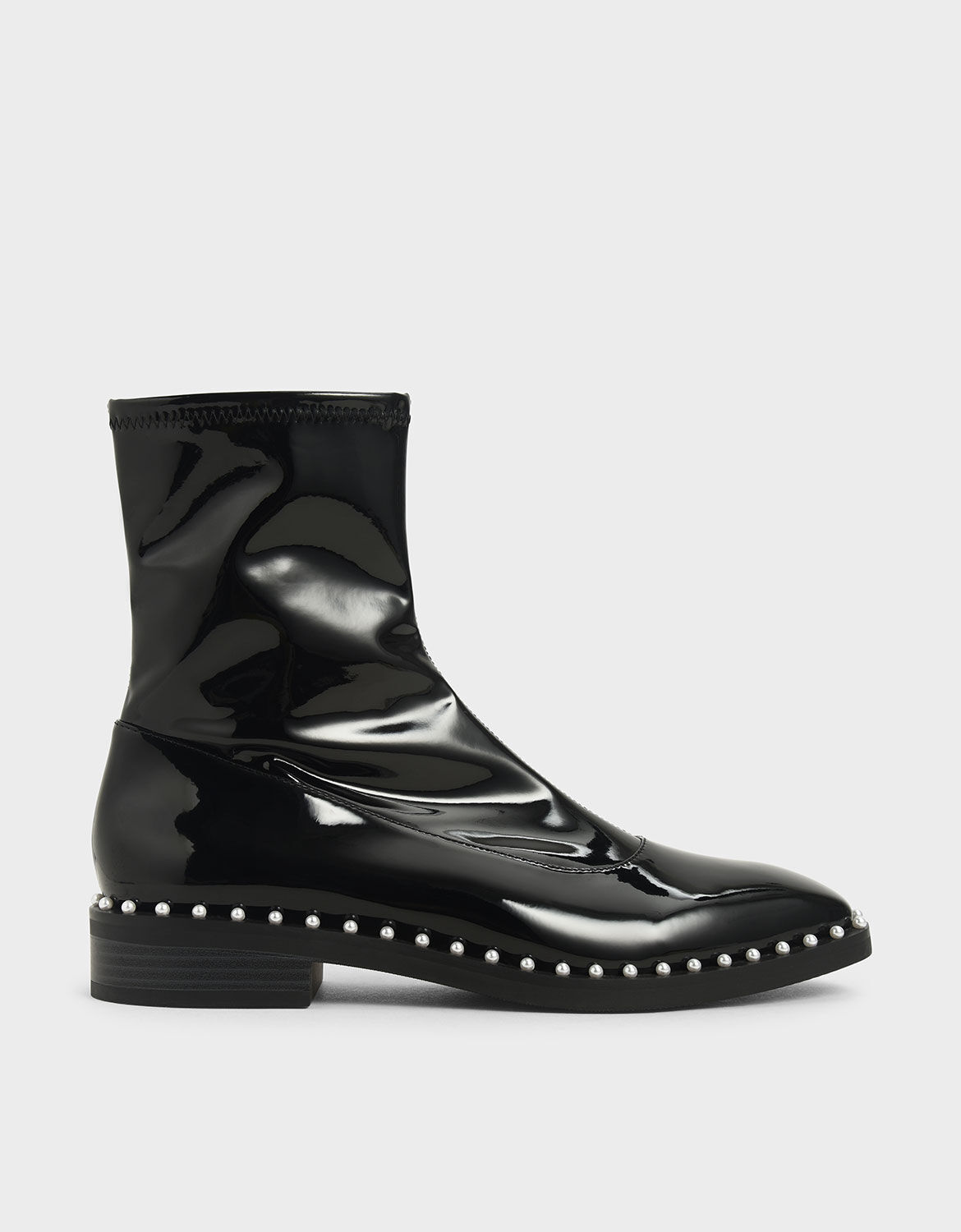 Black Patent Stud-Trim Ankle Boots 