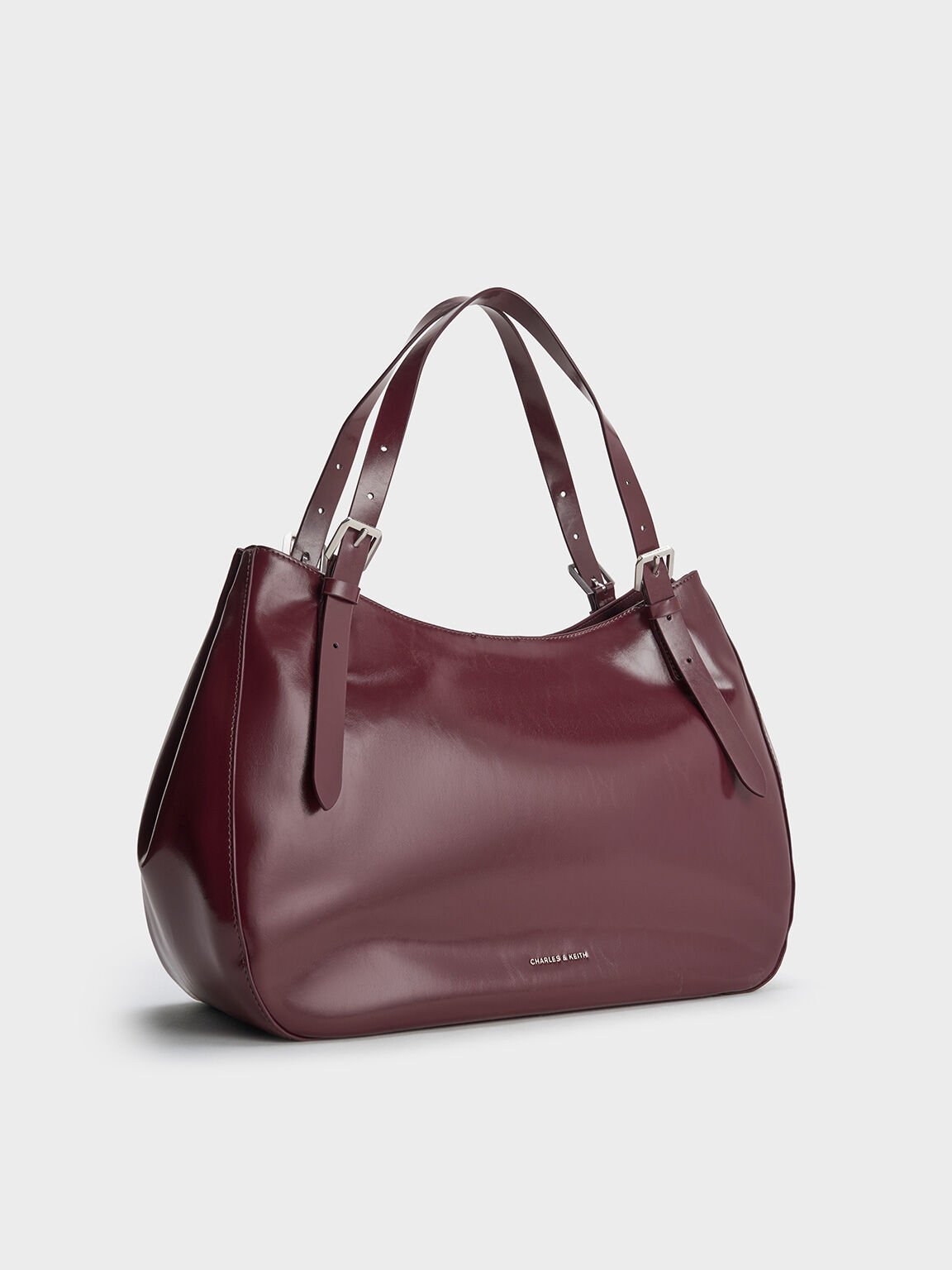 Buckle-Strap Slouchy Tote Bag, Burgundy, hi-res