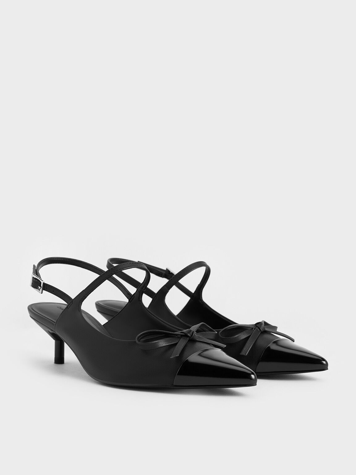 Bow Cap-Toe Kitten-Heel Slingback Pumps, Black, hi-res