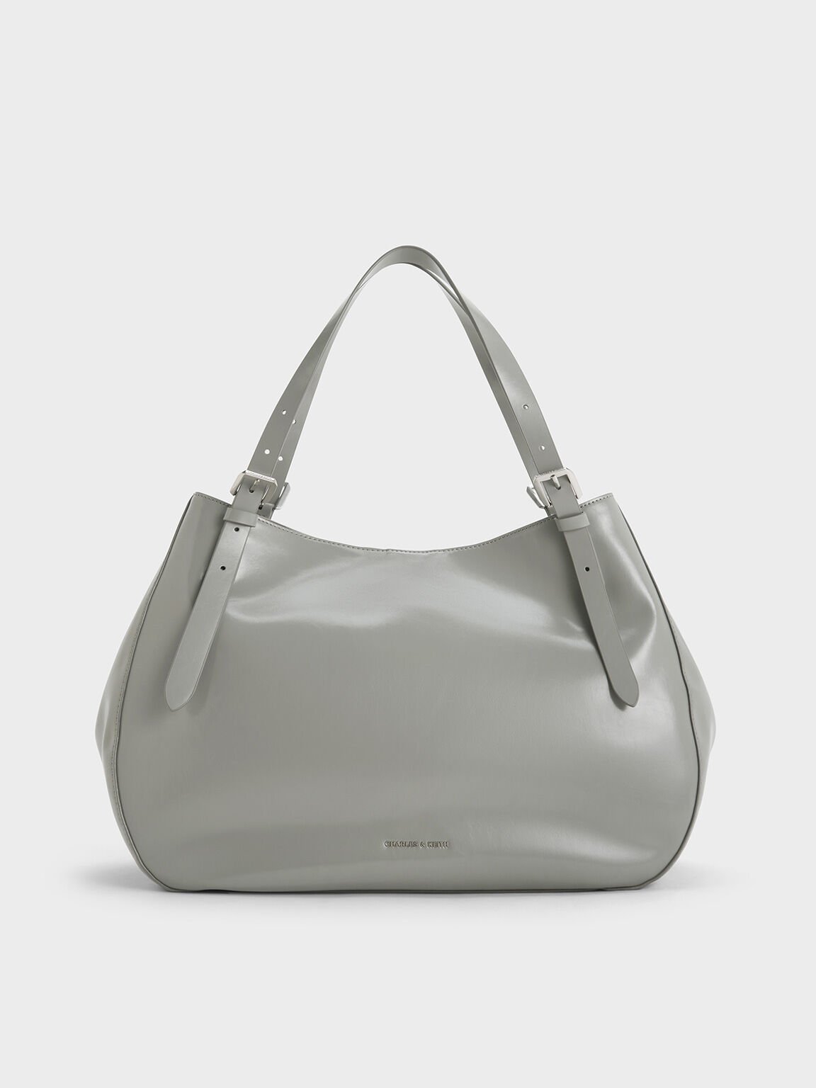 Buckle-Strap Slouchy Tote Bag, Grey, hi-res