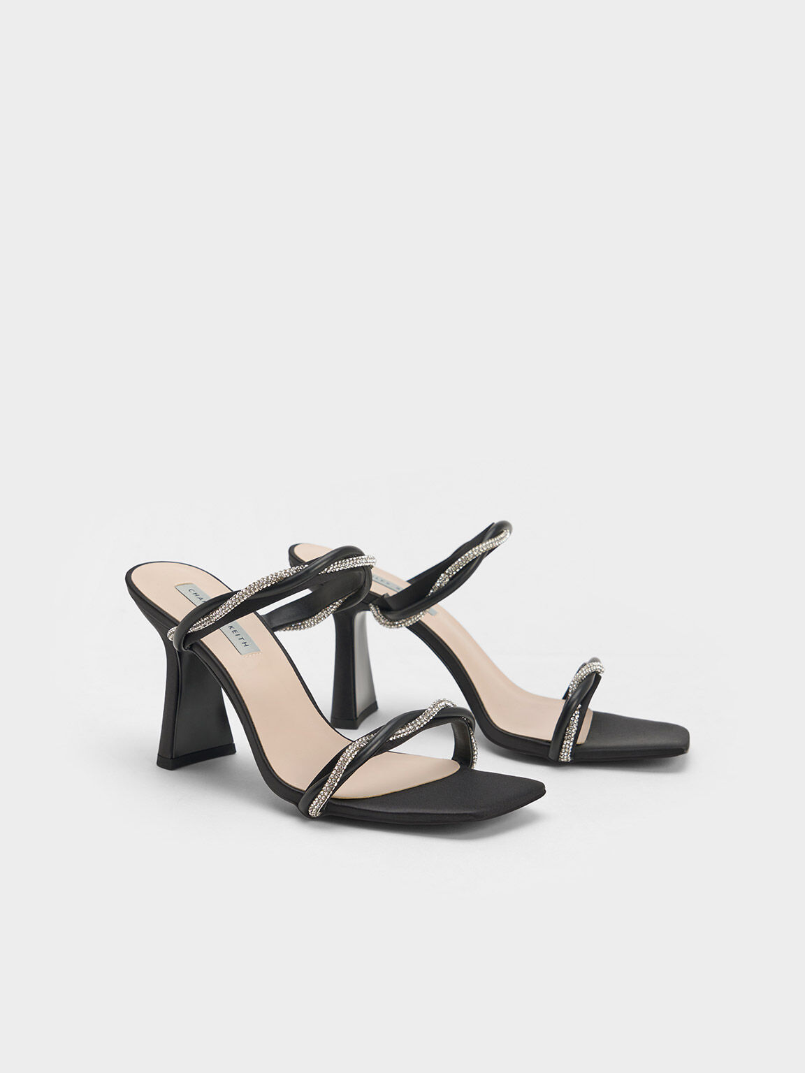 Black Embellished Twisted Strap Satin Sandals - CHARLES & KEITH CA