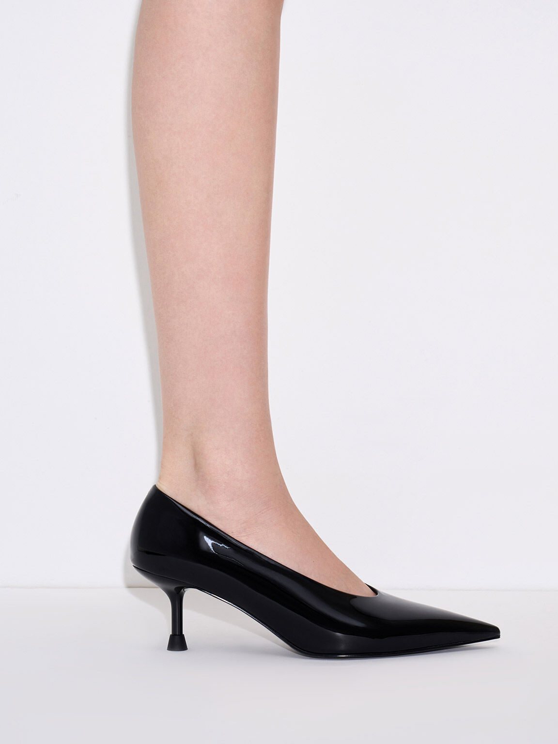 Patent Pointed-Toe Kitten-Heel Pumps, Black Patent, hi-res