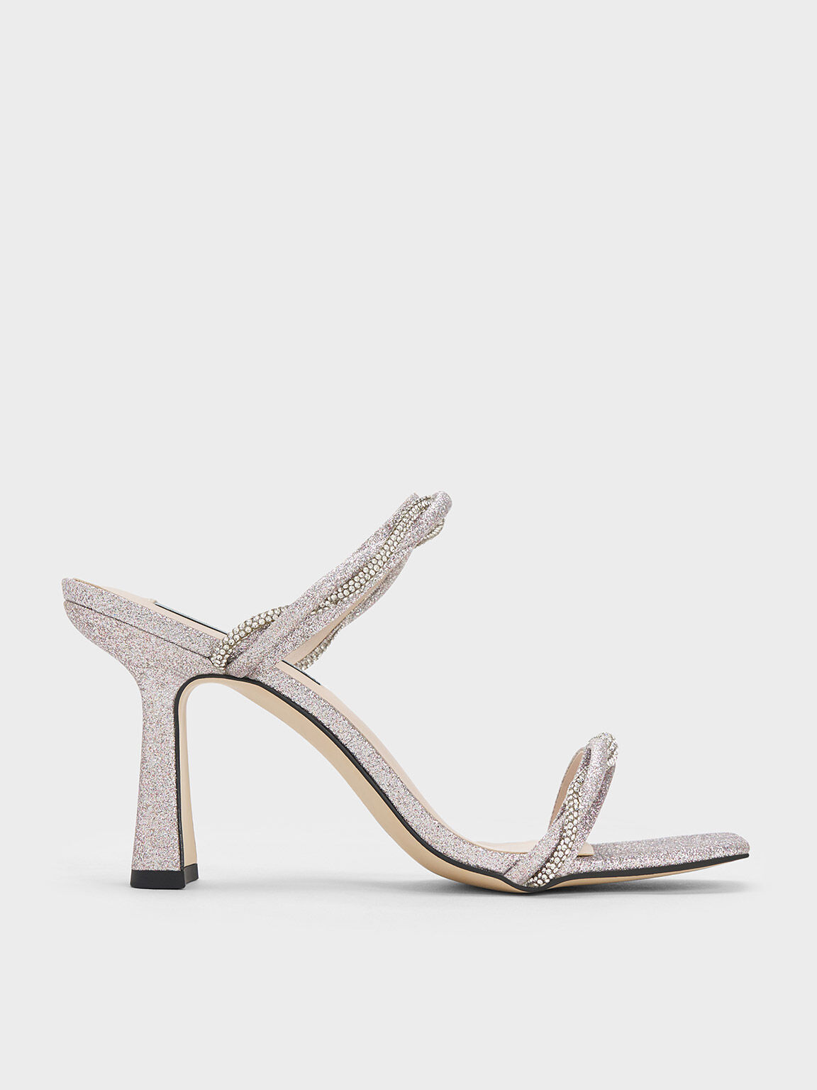 Silver Embellished Twisted Strap Glittered Sandals - CHARLES & KEITH LK