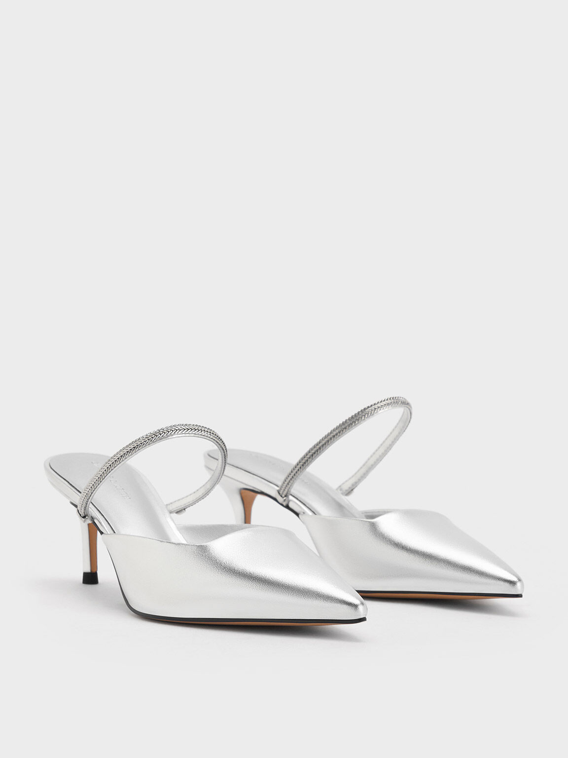 Metallic Braided-Strap Pointed-Toe Mules, Silver, hi-res