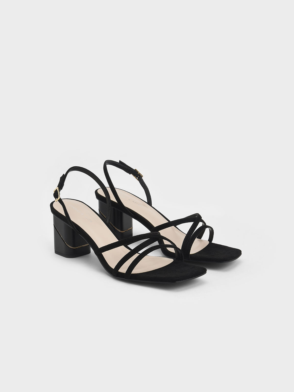 Black Textured Square Toe Slingback Sandals - CHARLES & KEITH 