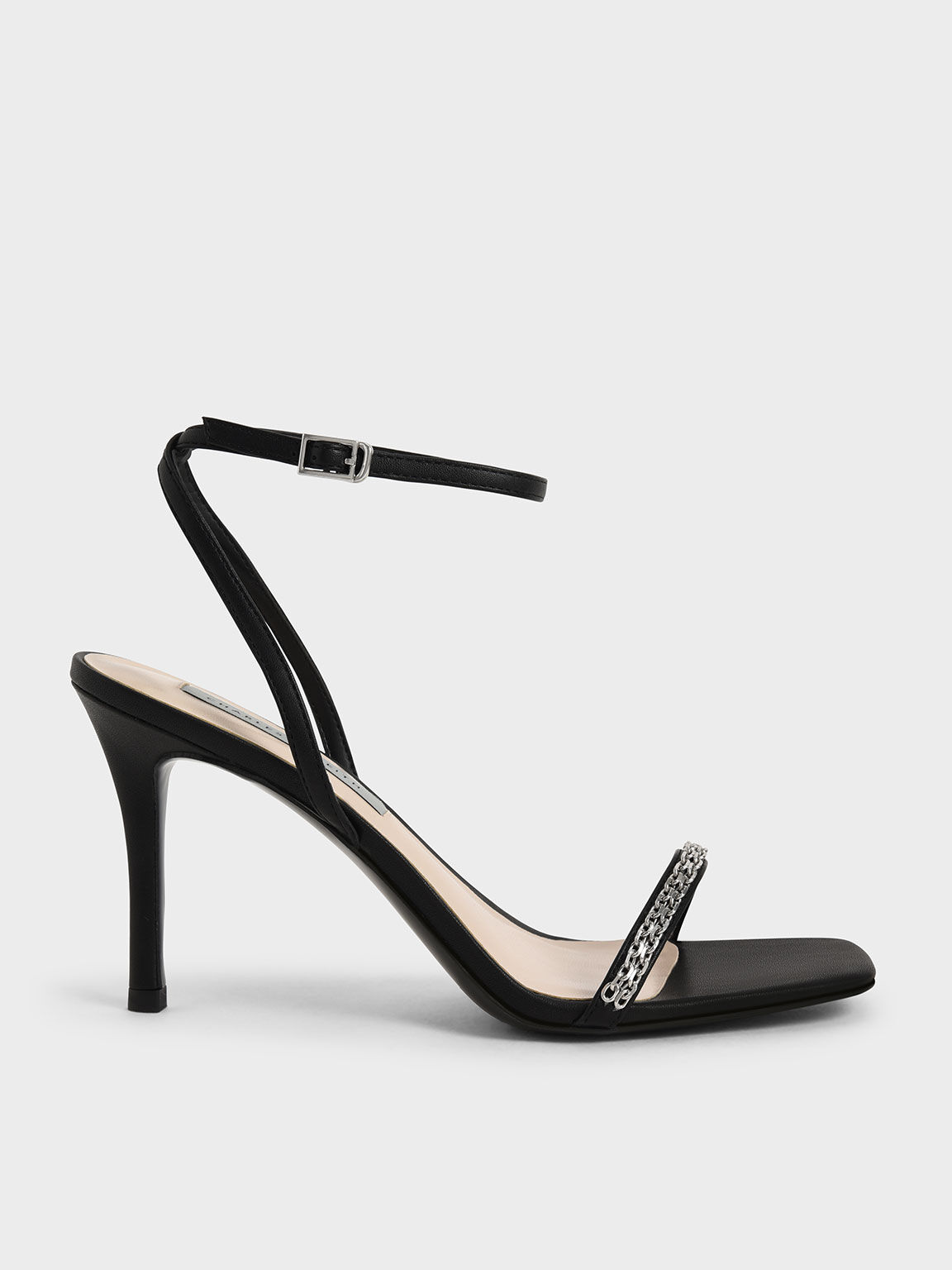 Black Metallic Accent Ankle-Strap Stiletto Sandals - CHARLES & KEITH ...
