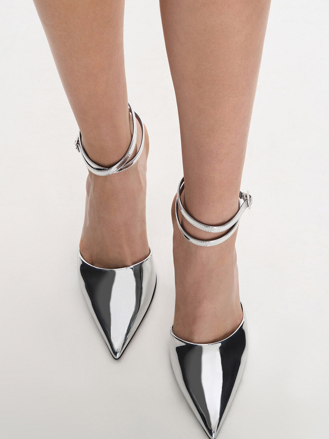 Metallic Patent Pointed-Toe Ankle-Strap Pumps - Silver