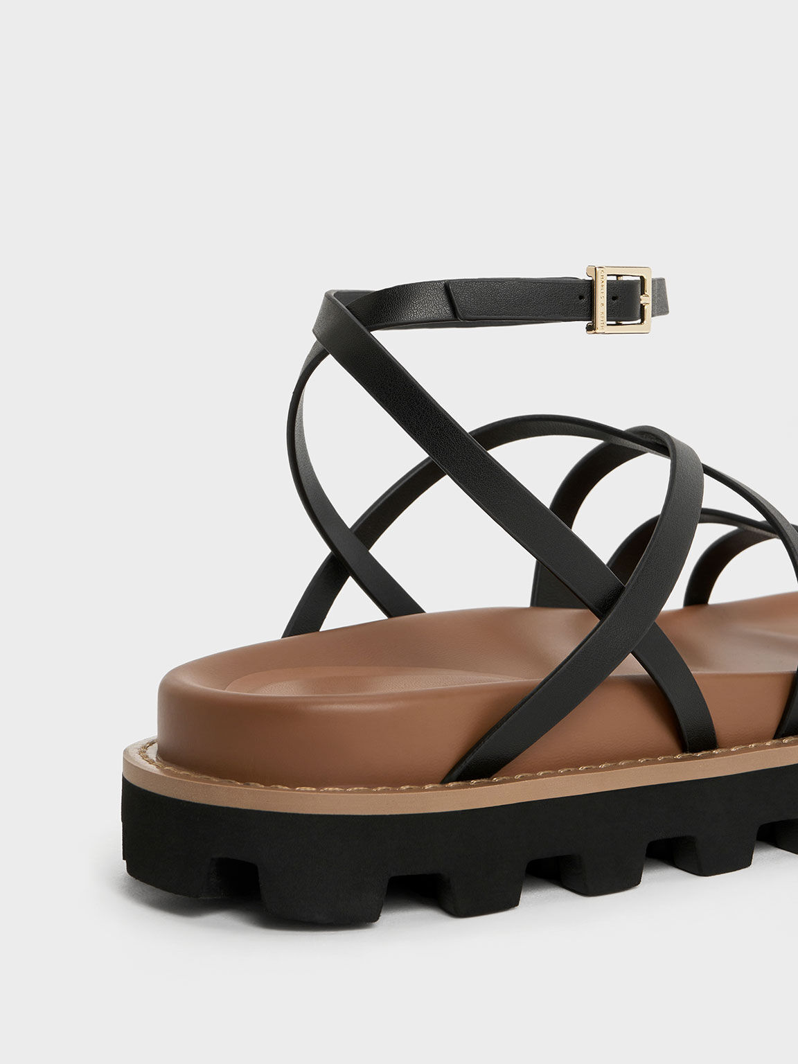 Crossover Ankle-Strap Sandals, Black, hi-res