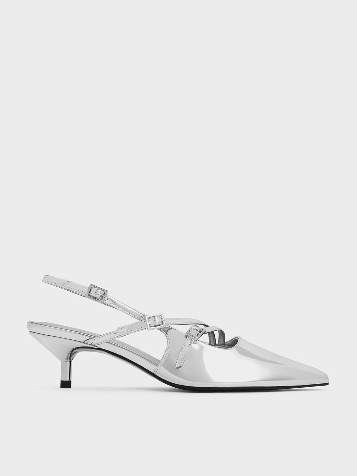 Metallic Buckle-Strap Kitten Heel Slingback Pumps - Silver