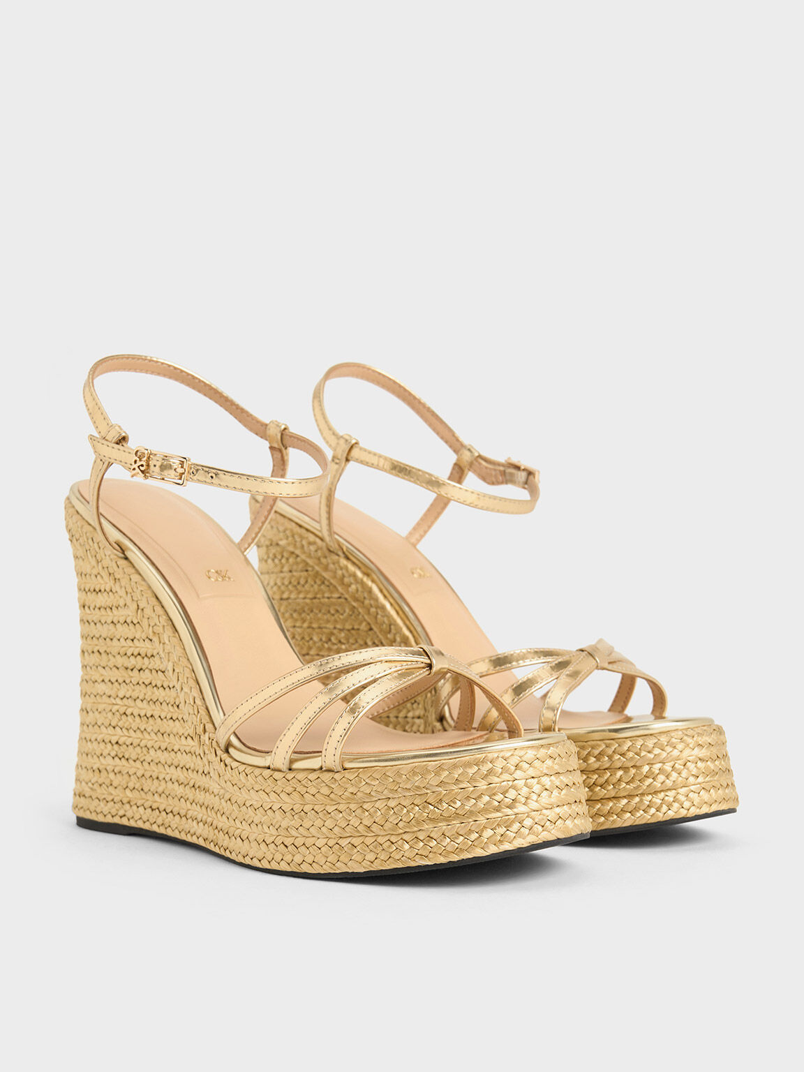 Leather Metallic Strappy Espadrille Wedges, Gold, hi-res