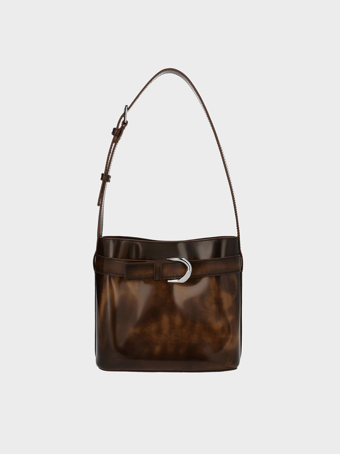 Gabine Leather Belted Bucket Bag, Brown, hi-res